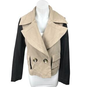 Rachel Zoe Khaki Black Leather Sleeves Double Breasted Blazer Coat Jacket Size 4